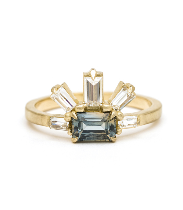 18k Matte Yellow Gold Baguette Diamond Emerald Cut Blue Sapphire Stacking Ring