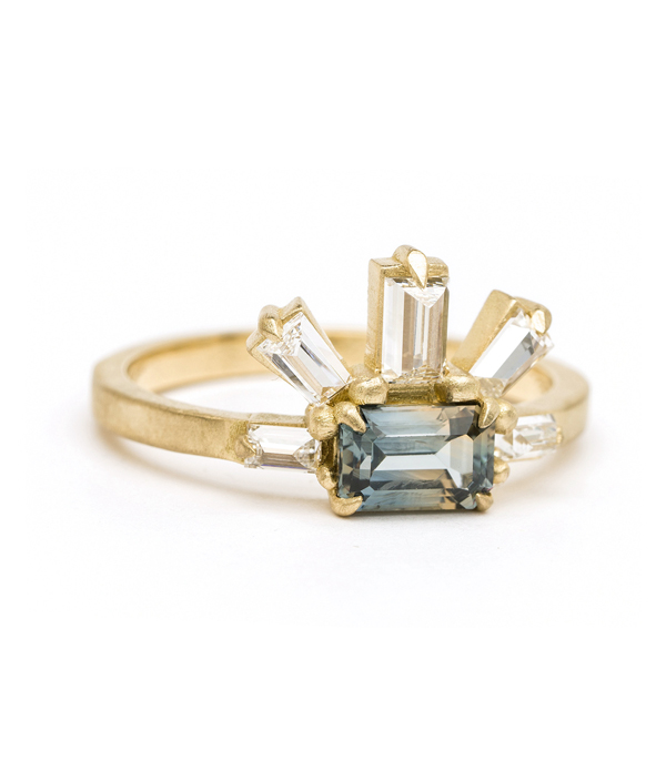18k Matte Yellow Gold Diamond Accent Blue Sapphire Unique Engagement Ring