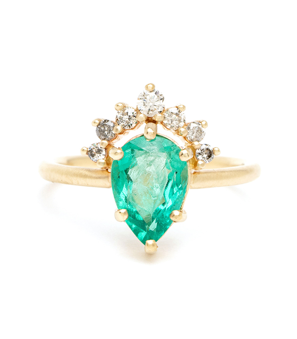 Pear Shape Emerald One of a Kind Engagement Ring designed by Sofia Kaman handmade in Los Angeles using our SKFJ ethical jewelry process. This piece has been sold and is in the SK Archive.