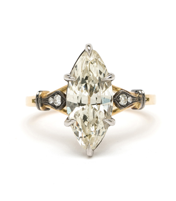 Gold and Platinum Marquise Diamond One of a Kind Engagement Ring designed by Sofia Kaman handmade in Los Angeles