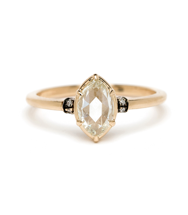 14K Shiny Yellow Gold Boho One of a Kind Marquise Shape Rose Cut Salt and Pepper Diamond Engagement Ring designed by Sofia Kaman handmade in Los Angeles using our SKFJ ethical jewelry process. This piece has been sold and is in the SK Archive.