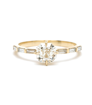 Asscher Cut 14K Shiny Yellow Gold One of a Kind Asscher Cut Diamond Engagement Ring with Baguette Diamond Band designed by Sofia Kaman handmade in Los Angeles