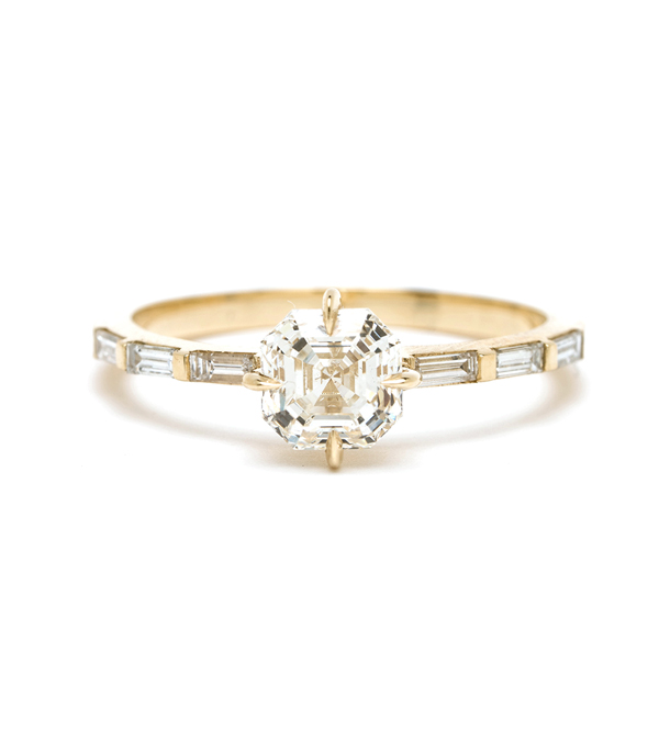 14K Shiny Yellow Gold One of a Kind Asscher Cut Diamond Engagement Ring with Baguette Diamond Band designed by Sofia Kaman handmade in Los Angeles using our SKFJ ethical jewelry process. This piece has been sold and is in the SK Archive.