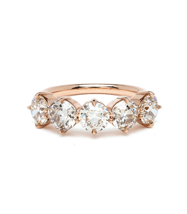 18K Shiny Rose Gold 5 Stone Old European Cut Diamond Wedding Band for Engagement Rings for Women designed by Sofia Kaman handmade in Los Angeles using our SKFJ ethical jewelry process.