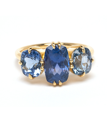 18K Shiny Yellow Gold 3 Stone Blue Sapphire Unique Engagement Ring designed by Sofia Kaman handmade in Los Angeles