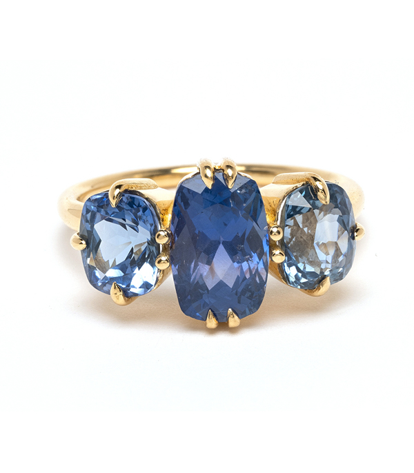 18K Shiny Yellow Gold 3 Stone Blue Sapphire Unique Engagement Ring designed by Sofia Kaman handmade in Los Angeles using our SKFJ ethical jewelry process.