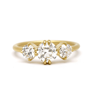 European Cut Petite Old European Cut Diamond 3 Stone Engagement Ring designed by Sofia Kaman handmade in Los Angeles