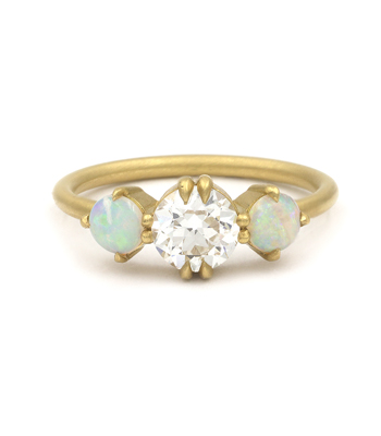 Old European Cut Diamond 18K Matte Gold Diamond and Opal Three Stone Unique Engagement Rings for Women designed by Sofia Kaman handmade in Los Angeles