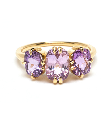 18k Shiny Yellow Gold Three Stone Pink Sapphire Unique Engagement Ring for Women designed by Sofia Kaman handmade in Los Angeles