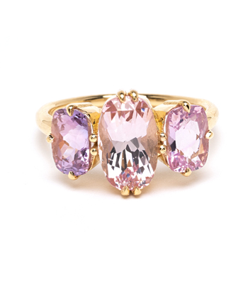 18k Shiny Yellow Gold 3 Stone Pink Sapphire Nontraditional Engagement Ring designed by Sofia Kaman handmade in Los Angeles