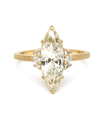 14K Yellow Matte Gold Marquise Diamond Unique Engagement Ring designed by Sofia Kaman handmade in Los Angeles