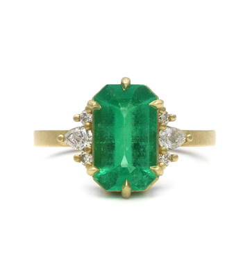 Bohemian Engagement Rings 18K Matte Yellow Gold Green Emerald and Diamond Unique Engagement Ring for Women designed by Sofia Kaman handmade in Los Angeles