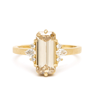 Matte Gold Emerald Cut Champagne Diamond One of a Kind Engagement Ring designed by Sofia Kaman handmade in Los Angeles