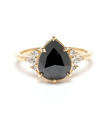 14K Shiny Yellow Gold Pear Shaped Black Diamond Unique Engagement Rings designed by Sofia Kaman handmade in Los Angeles