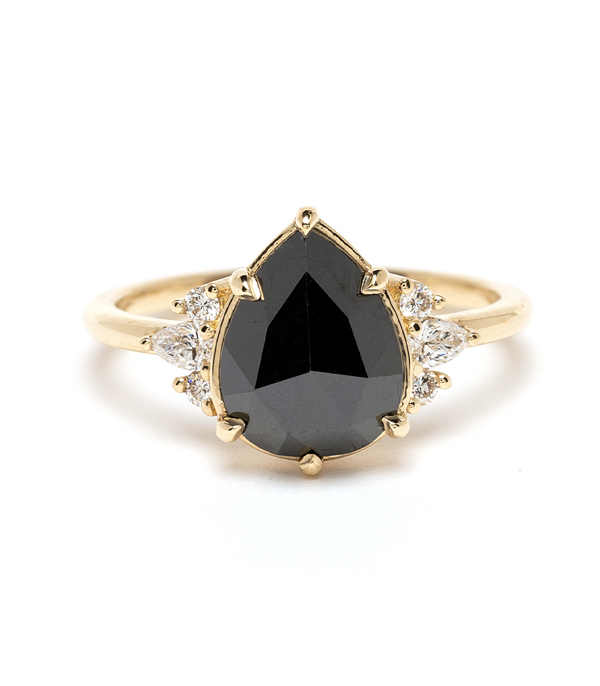 14K Shiny Yellow Gold Pear Shaped Black Diamond Unique Engagement Rings designed by Sofia Kaman handmade in Los Angeles using our SKFJ ethical jewelry process.