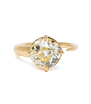 Old Mine Cut 14K Yellow Gold 3 Carat Diamond Engagement Ring with Old Mine Cut Diamond on Sleek Open Band designed by Sofia Kaman handmade in Los Angeles