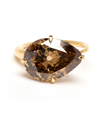 18K Shiny Yellow Gold Sideways Pear Shape Brown Diamond Unique Engagement Rings designed by Sofia Kaman handmade in Los Angeles