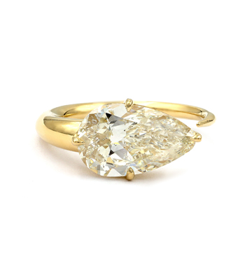 14K Shiny Yellow Gold Sideways Pear Shape Champagne Diamond Unique Engagement Ring designed by Sofia Kaman handmade in Los Angeles