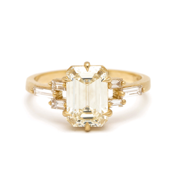 18K Matte Yellow Gold Deco Inspired Emerald Cut Champagne Diamond Engagement Ring designed by Sofia Kaman handmade in Los Angeles