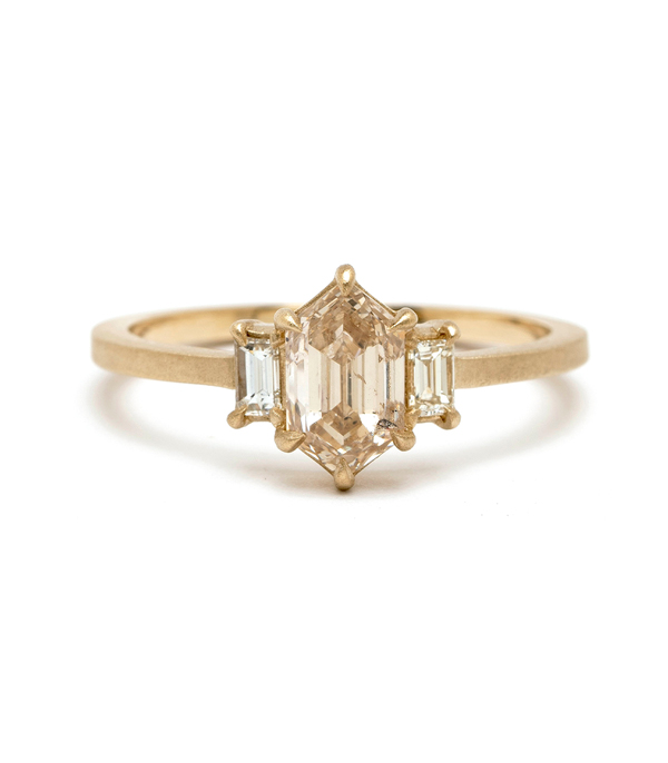 One of a Kind Art Deco Inspired Hexagon Champagne Diamond Engagement Ring designed by Sofia Kaman handmade in Los Angeles using our SKFJ ethical jewelry process. This piece has been sold and is in the SK Archive.