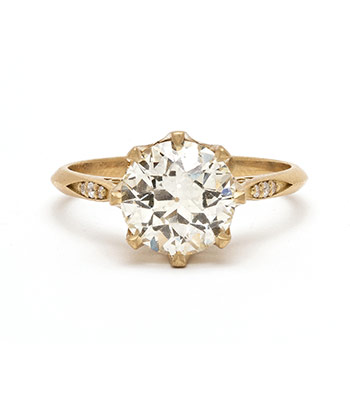 Vintage Inspired Solitaire Diamond Crown Unique Engagement Ring designed by Sofia Kaman handmade in Los Angeles