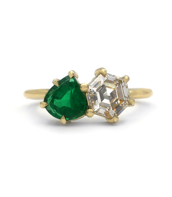 Hexagon Diamond and Emerald Two Stone Engagement Ring Makes the Perfect Unique Engagement Ring designed by Sofia Kaman handmade in Los Angeles