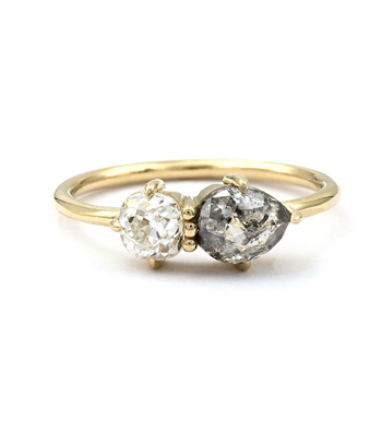 Old Mine Cut Rustic Diamond and Pear Shape Two Stone Engagement Ring designed by Sofia Kaman handmade in Los Angeles