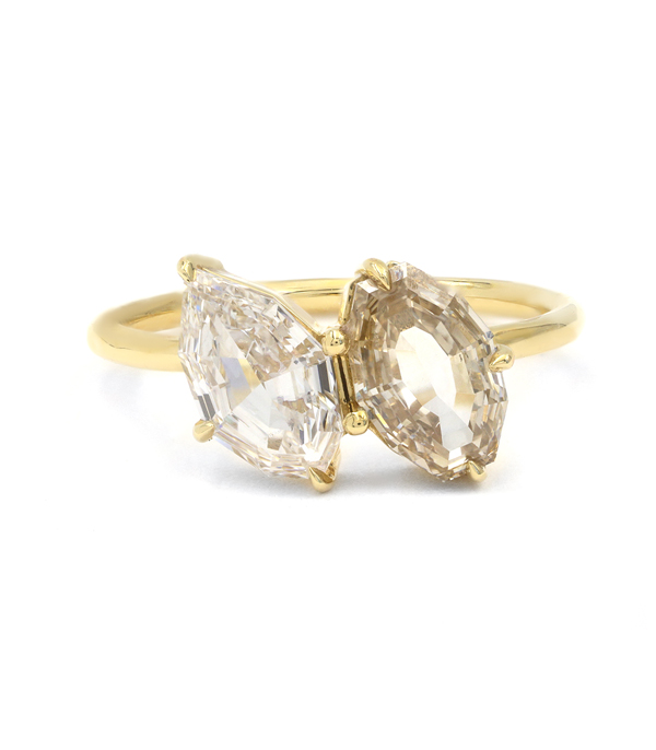 18K Shiny Yellow Gold White Pear Cut Diamond and Champagne Moval Cut Diamond Engagement Ring for Women designed by Sofia Kaman handmade in Los Angeles using our SKFJ ethical jewelry process.