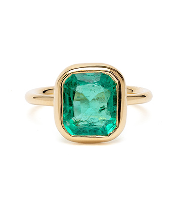 3 Carat Antique Emerald Set in 14K Shiny Yellow Gold Bezel. Just Another Beautiful Example of our Unique Engagement Rings designed by Sofia Kaman handmade in Los Angeles