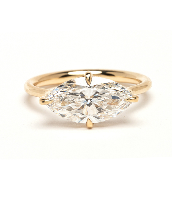 14k Gold East West Marquise Cut Lab Grown Diamond Engagement Ring for Non-traditional Brides designed by Sofia Kaman handmade in Los Angeles using our SKFJ ethical jewelry process.