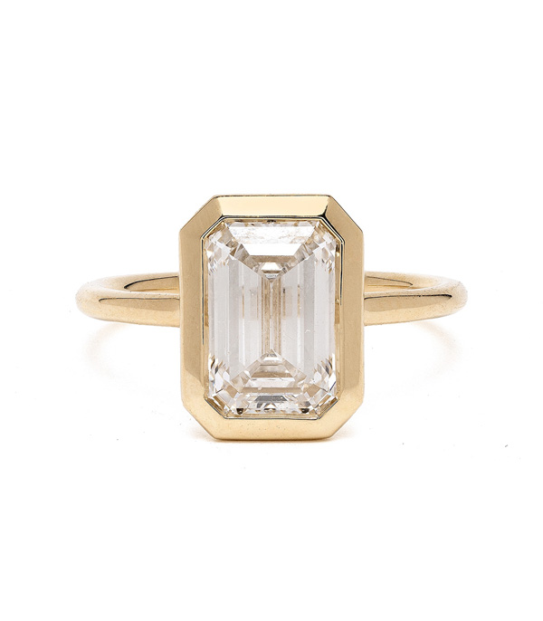 14K Shiny Yellow Gold Emerald Cut Lab Grown Diamond Engagement Rings For Women designed by Sofia Kaman handmade in Los Angeles using our SKFJ ethical jewelry process.