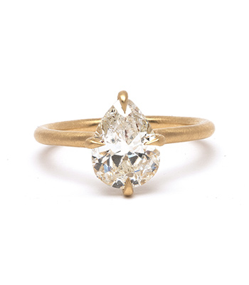 14K Shiny Yellow Gold Pear Shape Diamond One of a Kind Engagement Ring designed by Sofia Kaman handmade in Los Angeles
