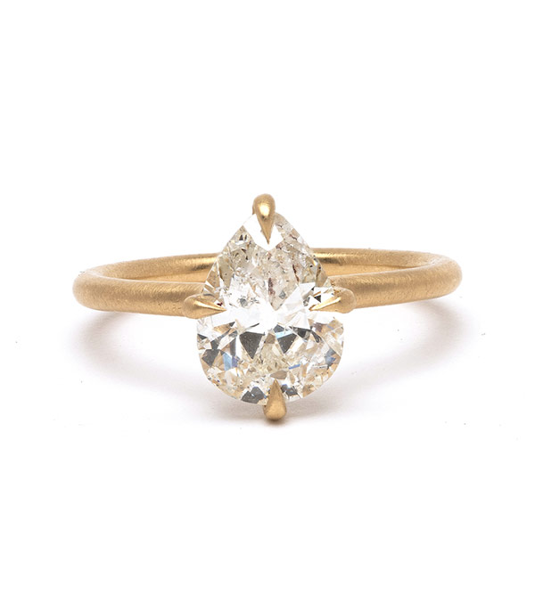 14K Shiny Yellow Gold Pear Shape Diamond One of a Kind Engagement Ring designed by Sofia Kaman handmade in Los Angeles using our SKFJ ethical jewelry process.