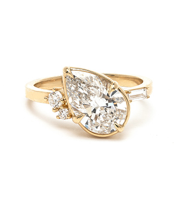 14k Yellow Gold Pear Shape Diamond Asymmetric Unique Diamond Engagement Rings designed by Sofia Kaman handmade in Los Angeles
