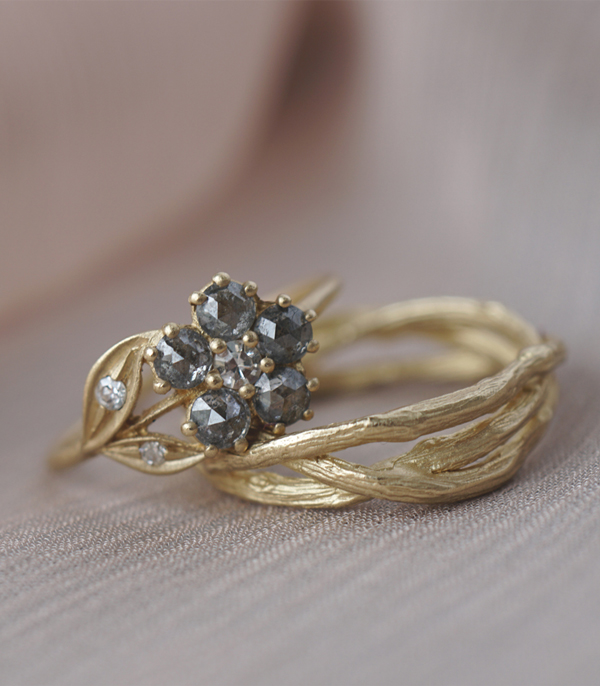 Willow 14K Matte Yellow Gold Bohemian Woven Branches Antique inspired Stacking Ring Set designed by Sofia Kaman handmade in Los Angeles using our SKFJ ethical jewelry process.