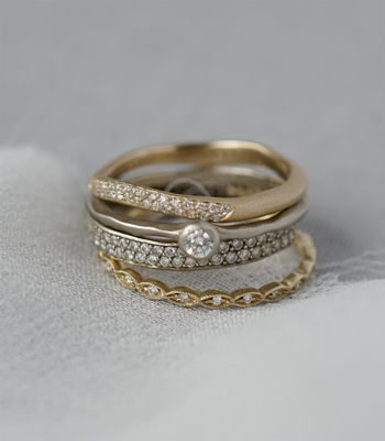 Whimsical Bohemian Gold and Diamonds Stacking Ring Set designed by Sofia Kaman handmade in Los Angeles