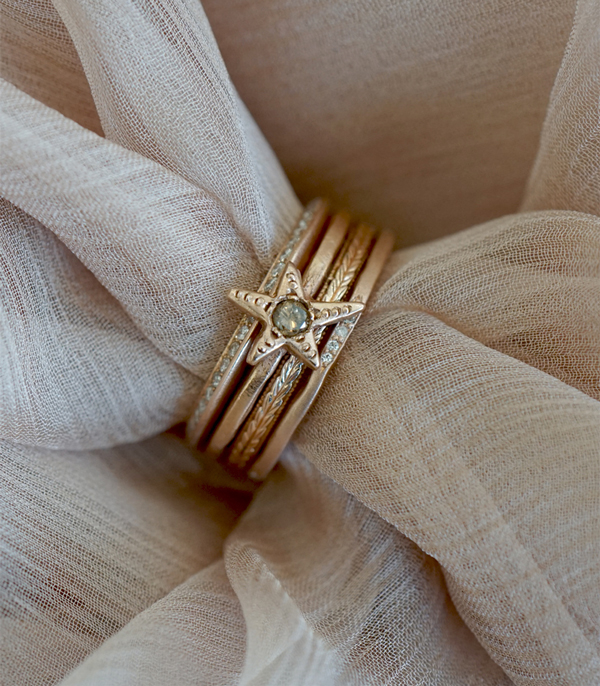 14K Rose Gold and Diamonds Twinkling Star Boho Summer Stacking Ring Set designed by Sofia Kaman handmade in Los Angeles using our SKFJ ethical jewelry process.