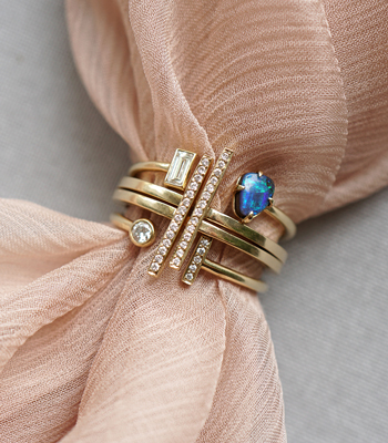 Moonstone And Opal Gold Diamond Boulder Opal Boho Stacking Ring Set designed by Sofia Kaman handmade in Los Angeles
