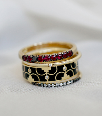Enamel Stacking Rings 14K Gold Diamond Ruby Liberty Patriotic Stacking Ring Set designed by Sofia Kaman handmade in Los Angeles