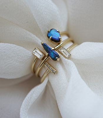 Moonstone And Opal 14K Yellow Gold Australian Boulder Opal Ocean Inspired Unique Boho Stacking Ring Set designed by Sofia Kaman handmade in Los Angeles
