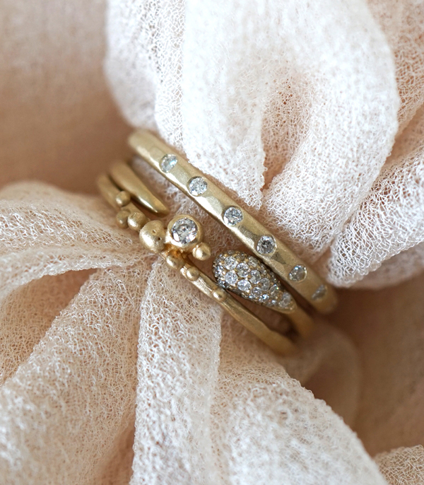 Gold and Diamond Boho Stacking Ring Set for Engagement Rings designed by Sofia Kaman handmade in Los Angeles using our SKFJ ethical jewelry process.