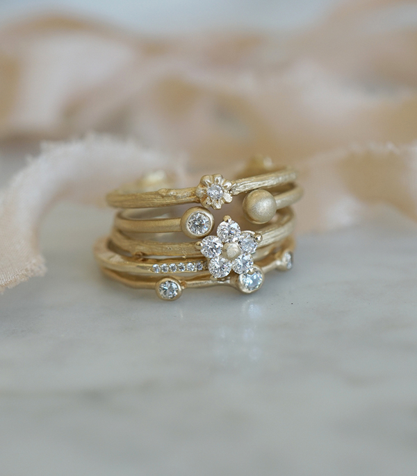 Gold and Diamonds Peace Stack Engagement Rings designed by Sofia Kaman handmade in Los Angeles using our SKFJ ethical jewelry process.