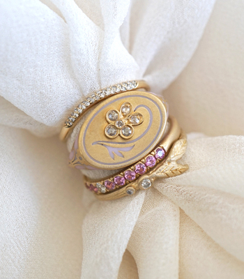 Enamel Signet Rings Gold Enamel Diamond Bohemian Bridal Stacking Ring Set designed by Sofia Kaman handmade in Los Angeles