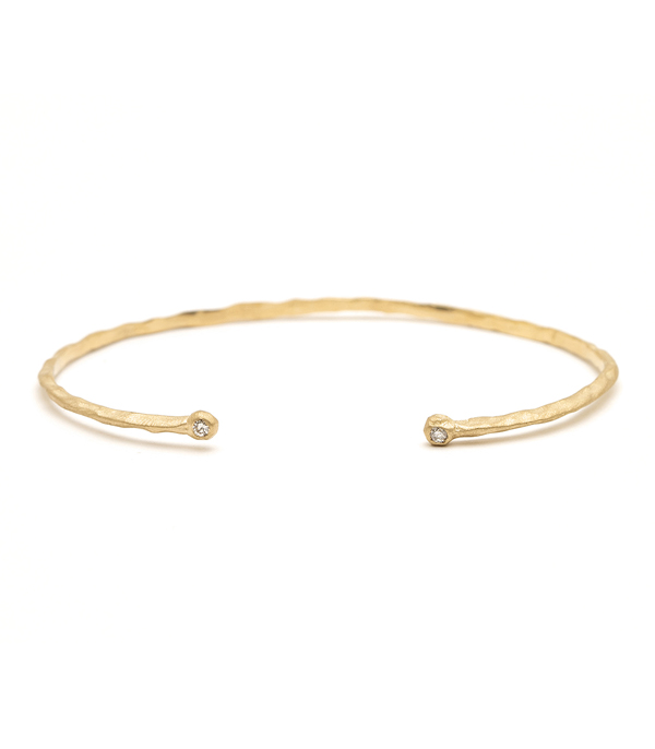 14K Gold Organic Textured Thin Cuff with Diamonds to go with Engagement Rings designed by Sofia Kaman handmade in Los Angeles using our SKFJ ethical jewelry process.