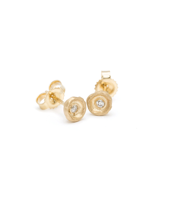 Gold Tiny Disk Crater Diamond Stud Earrings