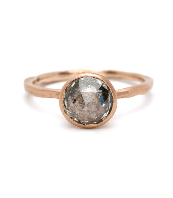 14k Rose Gold Organic Natural Texture Unique Rose Cut Salt and Pepper Diamond Engagement Ring designed by Sofia Kaman handmade in Los Angeles using our SKFJ ethical jewelry process. This piece has been sold and is in the SK Archive.