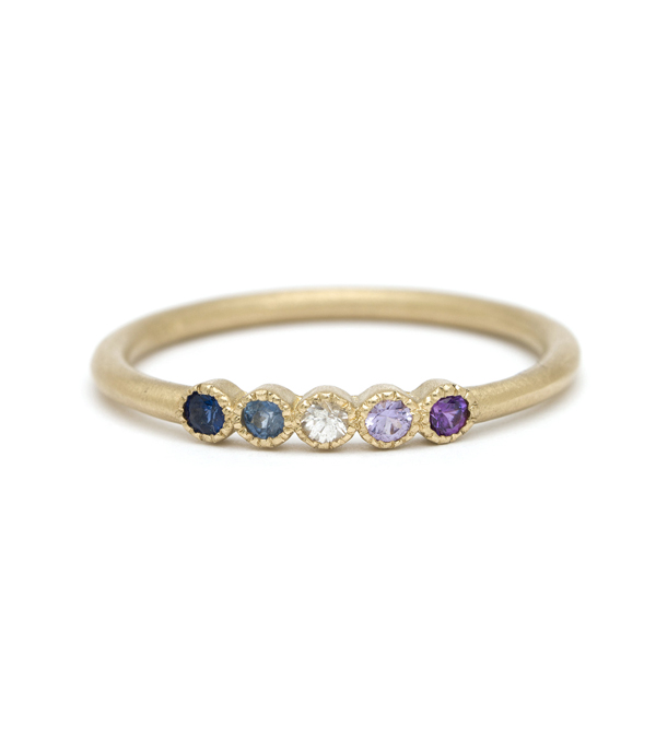 14K gold Cool Tone Blue Rainbow Sapphire Bohemian Stacking Ring Unique Wedding Band designed by Sofia Kaman handmade in Los Angeles using our SKFJ ethical jewelry process.