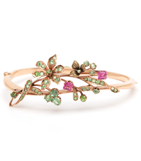 August Birthstone - Whimsical Flower Bangle with Peridot set Flowers and Leaves