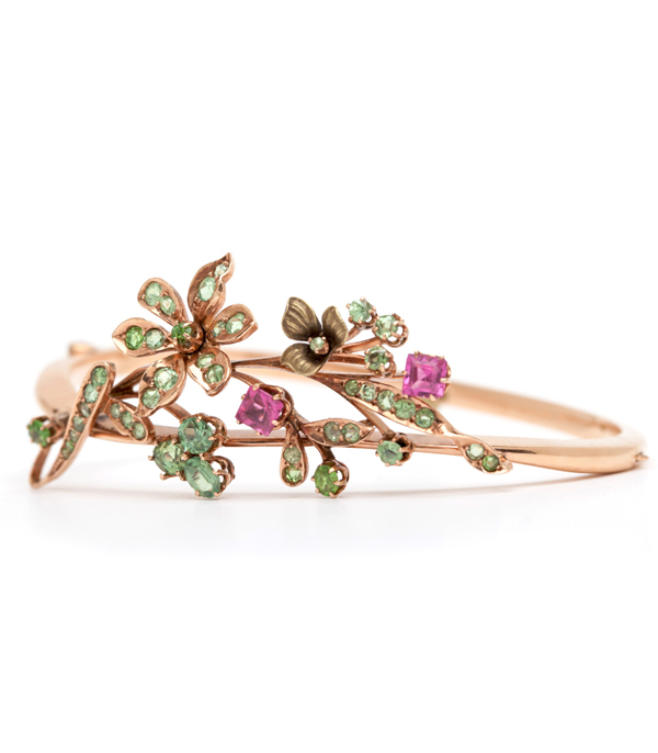 Vintage Art Nouveau Rose Gold Pink Sapphire Enamel Bangle Bracelet