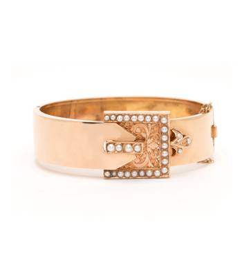 Rose Gold and Pearls Victorian Buckle Cuff curated by Sofia Kaman